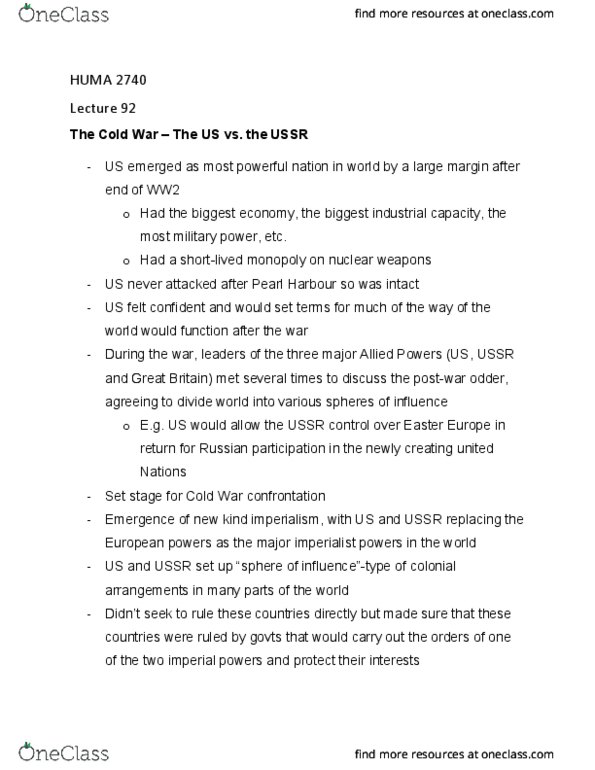 HUMA 2740 Lecture Notes - Lecture 92: Marshall Plan, Warsaw Pact thumbnail