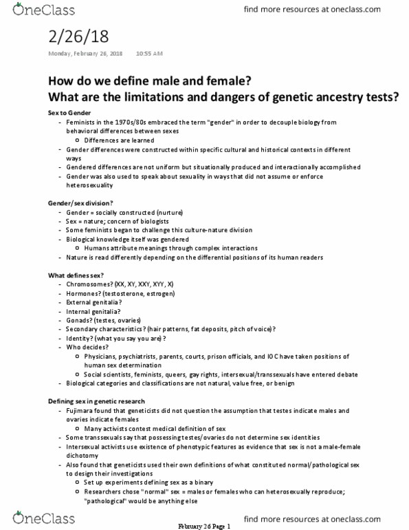 ANTHRO 128B Lecture Notes - Lecture 20: Heterosexuality, Takers, Xyy Syndrome thumbnail