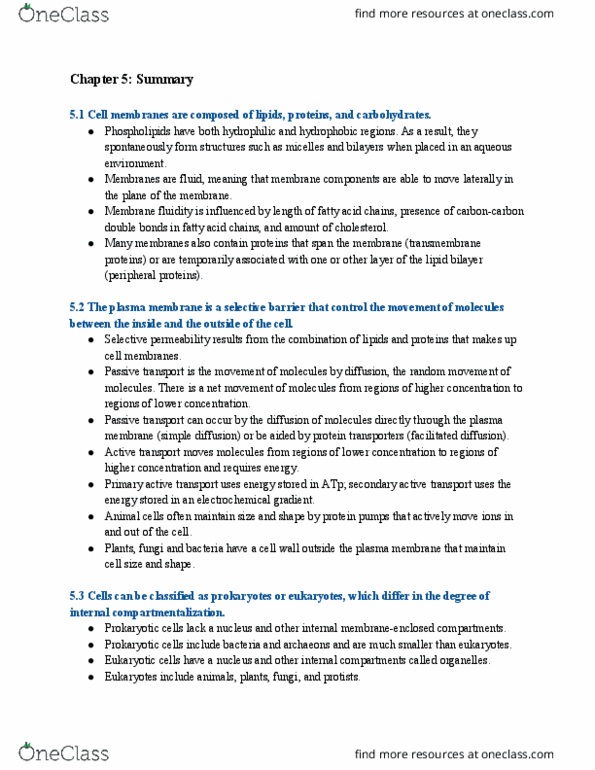 BIOL 150 Chapter Notes - Chapter 5: Cytosol, Facilitated Diffusion, Membrane Fluidity thumbnail