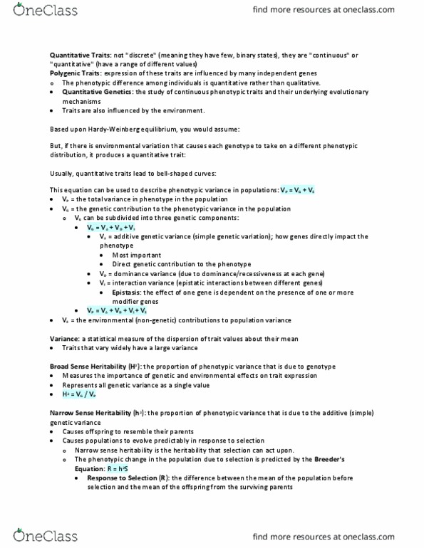 BIOEE 1780 Lecture Notes - Lecture 26: Heritability, Epistasis thumbnail