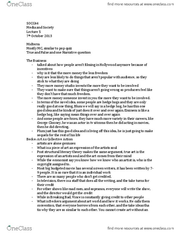 SOCC44H3 Lecture Notes - Lecture 5: George Clooney, Path Dependence, Network Effect thumbnail