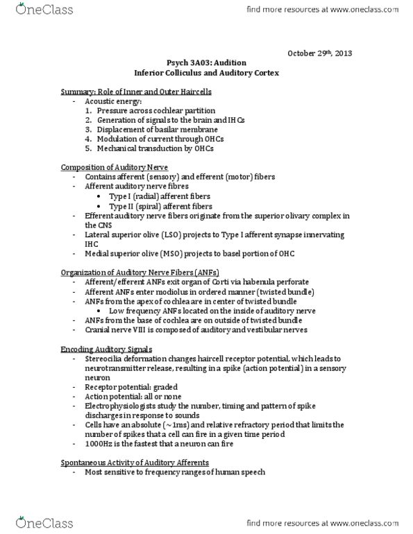 PSYCH 3A03 Lecture Notes - Low Frequency, Stereocilia, Psych thumbnail