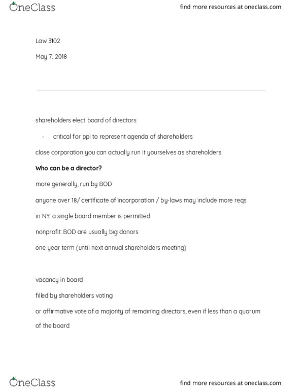 LAW 3102 Lecture Notes - Lecture 30: Proxy Voting, Fiduciary thumbnail