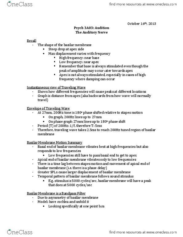 PSYCH 3A03 Lecture Notes - Sound Energy, Basilar Membrane, Sound thumbnail