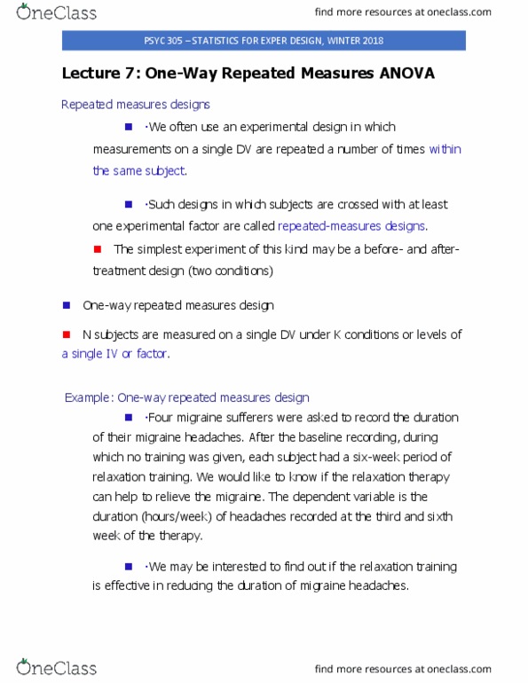 PSYC 333 Lecture Notes - Lecture 7: Migraine, F-Test, Repeated Measures Design thumbnail