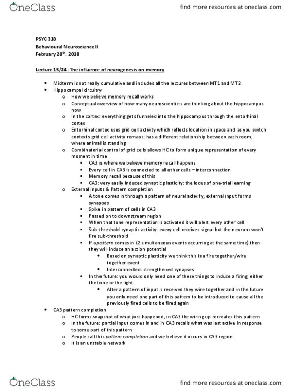 PSYC 310 Lecture Notes - Lecture 9: Subgranular Zone, Carbon-14, Memory Consolidation thumbnail