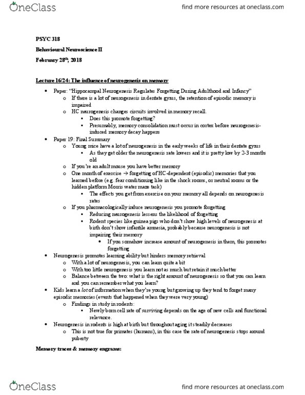 PSYC 310 Lecture Notes - Lecture 6: Eyelid, Memory Consolidation, American Psychologist thumbnail