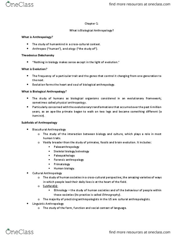 ARCH 131 Chapter Notes - Chapter 1: Theodosius Dobzhansky, Bioarchaeology, Dian Fossey thumbnail