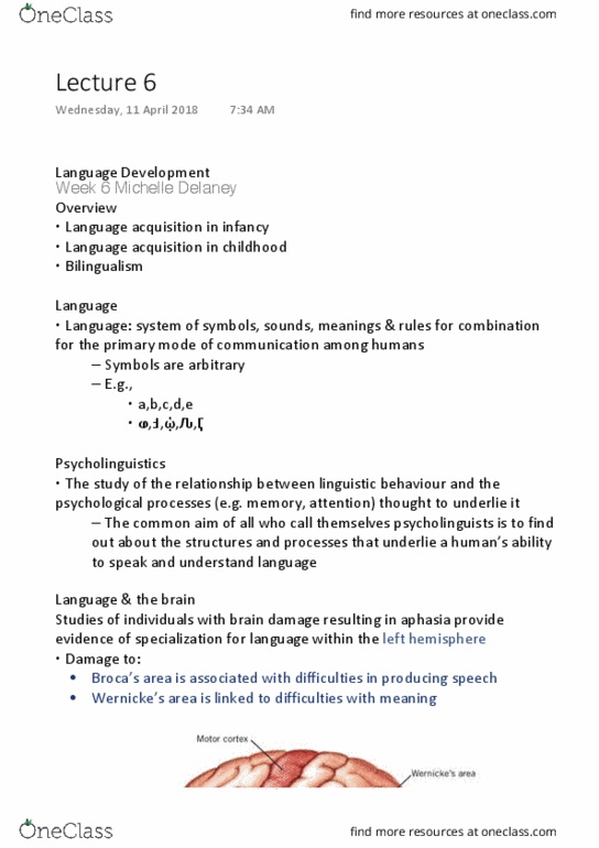 PSYC200 Lecture Notes - Lecture 6: Psycholinguistics, Language Disorder, Language Development thumbnail