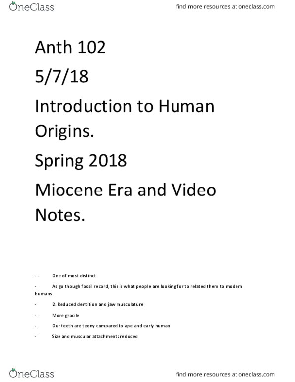 ANTH 102 Lecture 42: Miocene Era and Video Notes. thumbnail