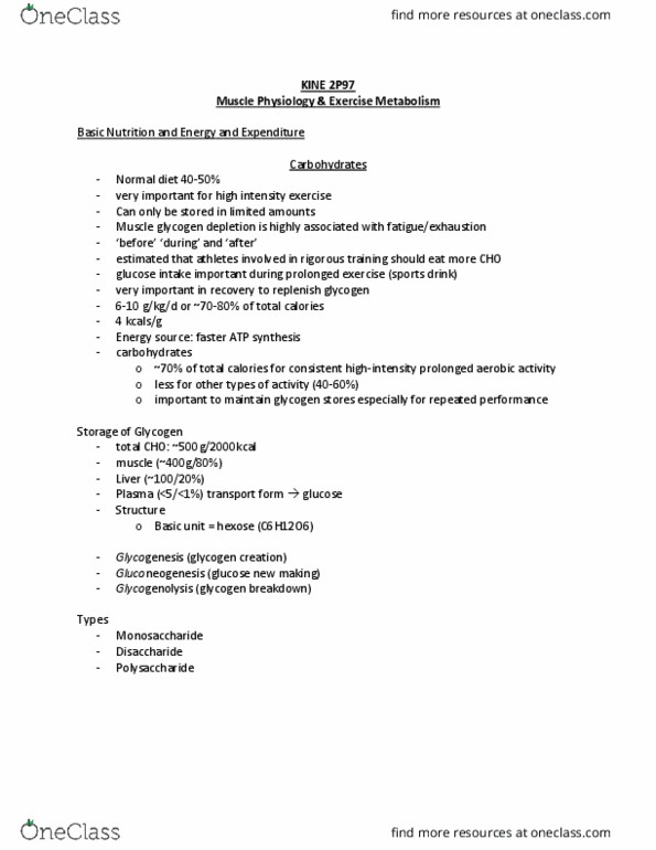 KINE 2P97 Lecture Notes - Lecture 1: Peptide, Basal Metabolic Rate, Monosaccharide thumbnail