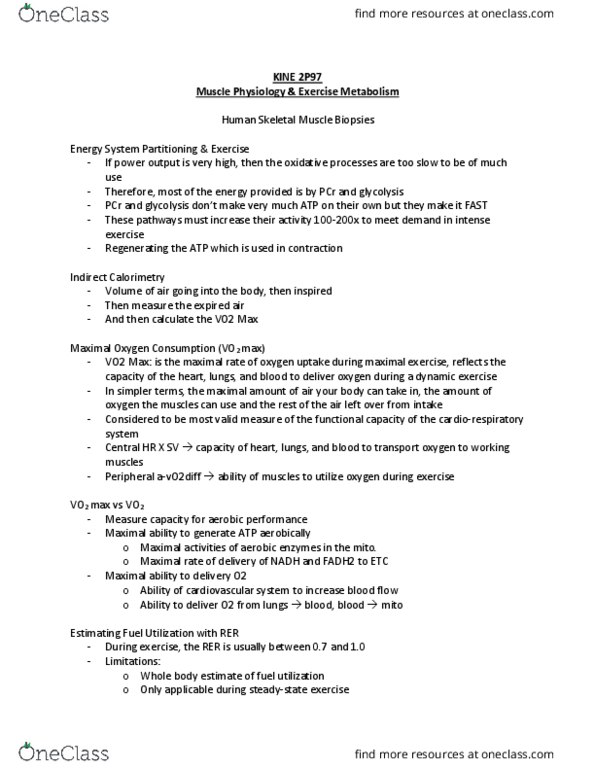 KINE 2P97 Lecture Notes - Lecture 9: Exercise Intensity, Calorimetry, Biopsy thumbnail