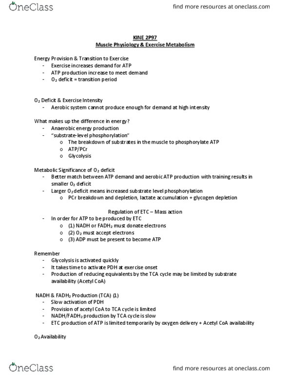 KINE 2P97 Lecture Notes - Lecture 10: Glycogen, Exercise Intensity, Glycolysis thumbnail