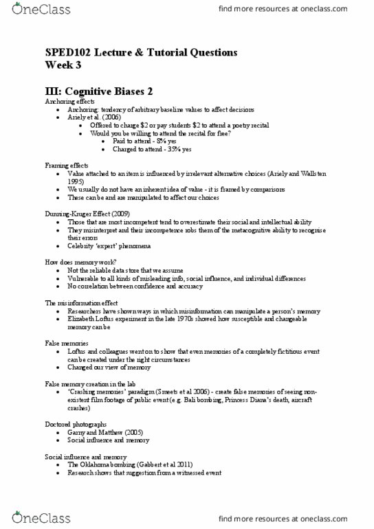 SPED102 Lecture Notes - Lecture 3: Dan Ariely, Confirmation Bias, Cognitive Bias thumbnail