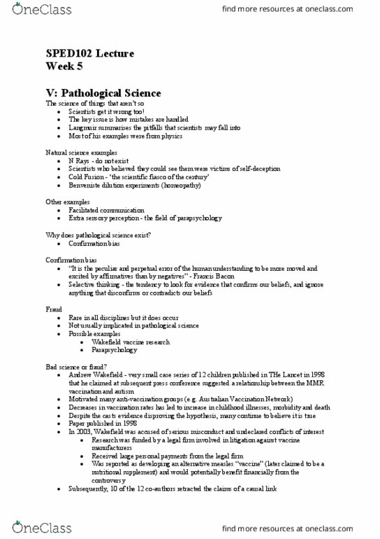 SPED102 Lecture Notes - Lecture 5: Confirmation Bias, Selective Serotonin Reuptake Inhibitor, Fox Sisters thumbnail