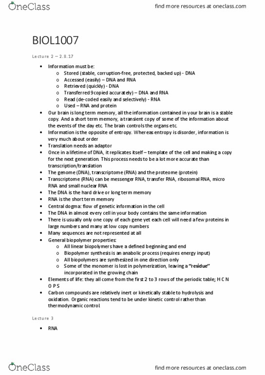 BIOL1007 Lecture Notes - Lecture 1: Microorganism, Digestion, Reading Frame thumbnail