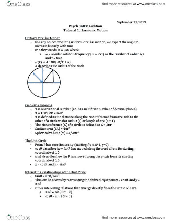 PSYCH 3A03 Lecture Notes - Simple Harmonic Motion, Circular Motion, Unit Circle thumbnail