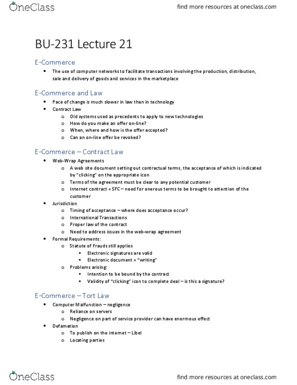 BU231 Lecture Notes - Lecture 21: E-Commerce, Cybersquatting, Electronic Document thumbnail