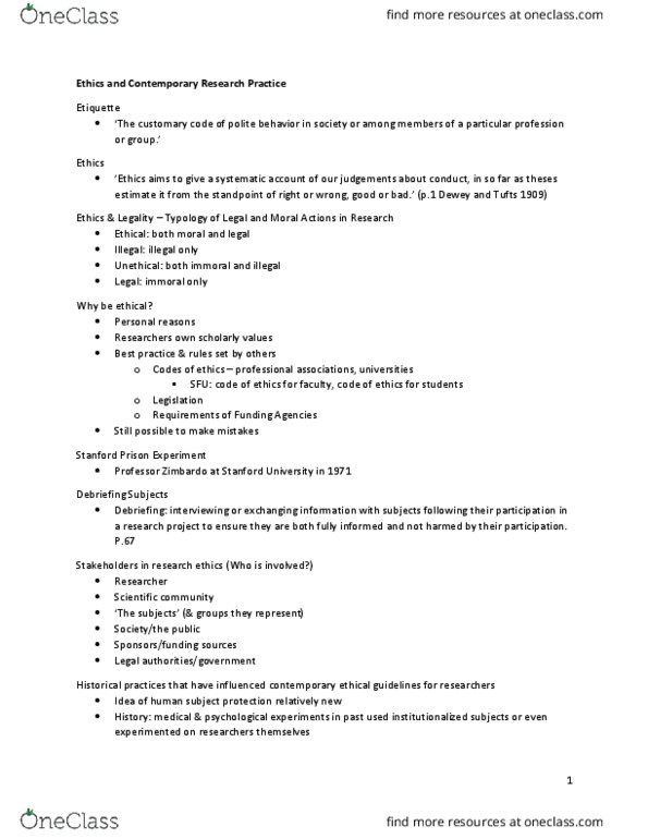 CMNS 260 Lecture Notes - Lecture 4: Syphilis, Stanford Prison Experiment, Data Management thumbnail