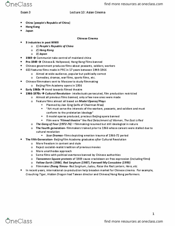 FILM 2154 Lecture Notes - Lecture 10: Zhang Yimou, Shohei Imamura, Akira Kurosawa thumbnail