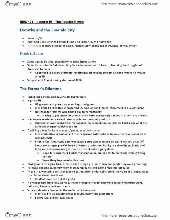 HIUS 131 Lecture Notes - Lecture 10: Nationstates, William Jennings Bryan, Money Supply thumbnail