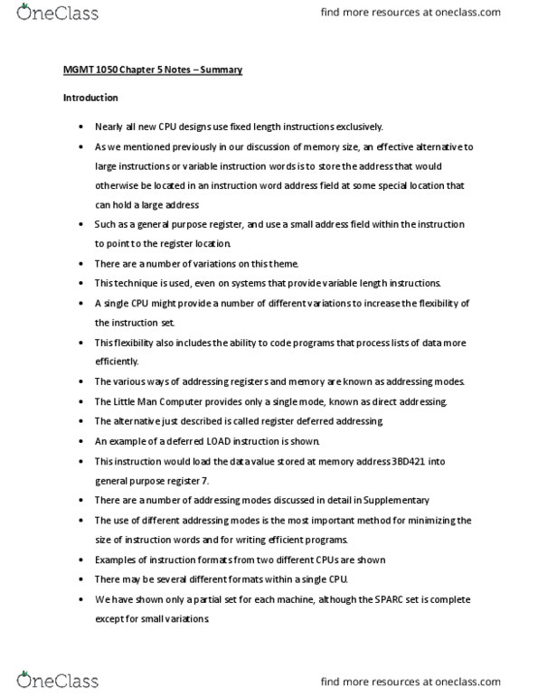 MGMT 1050 Chapter Notes - Chapter 5: Processor Register, Instruction Set, Memory Address thumbnail