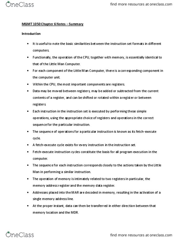 MGMT 1050 Chapter Notes - Chapter 6: Memory Address, Memory Buffer Register, Instruction Set thumbnail