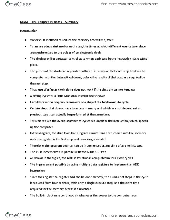 MGMT 1050 Chapter Notes - Chapter 19: Master Control, Program Counter, Memory Address Register thumbnail