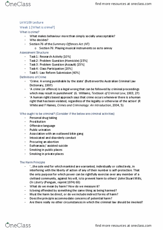 LAW109 Lecture Notes - Lecture 1: Criminal Law Of Australia, Rights-Based Approach To Development, On Liberty thumbnail