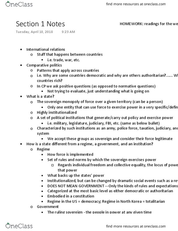 POL S 6 Lecture Notes - Lecture 1: Comparative Politics, Totalitarianism thumbnail