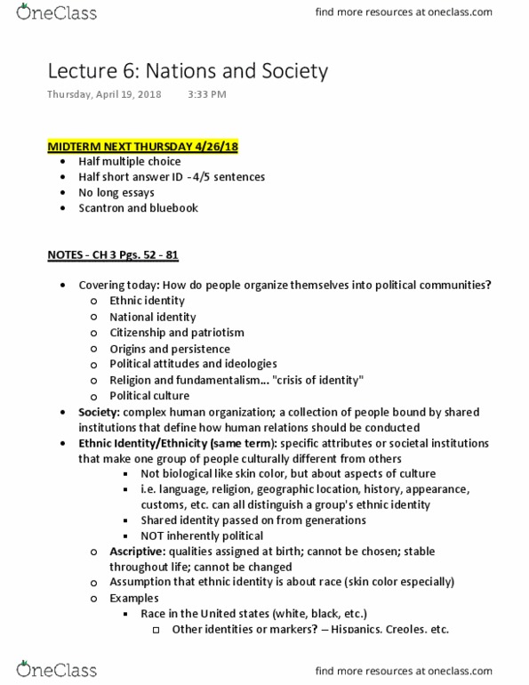 POL S 6 Lecture Notes - Lecture 6: Scantron Corporation, Ethnic Conflict, Stateless Nation thumbnail