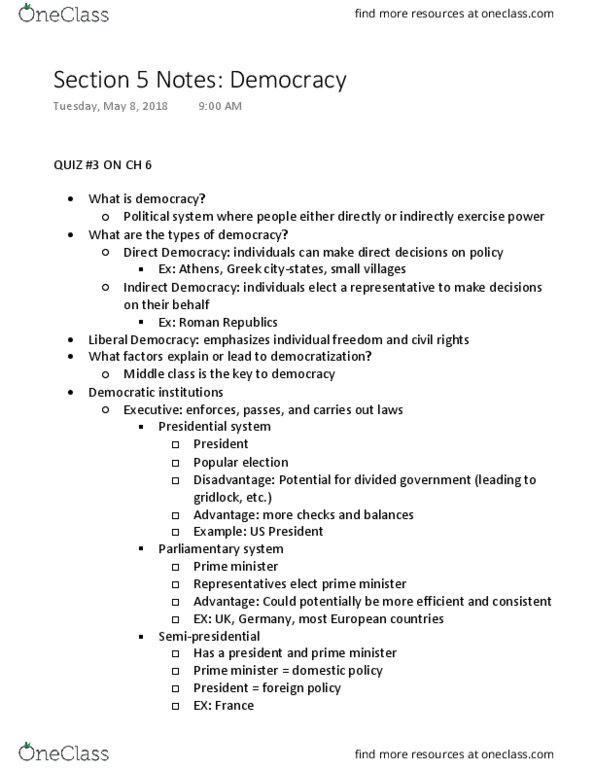 POL S 6 Lecture Notes - Lecture 5: Presidential System, Divided Government, Parliamentary System thumbnail