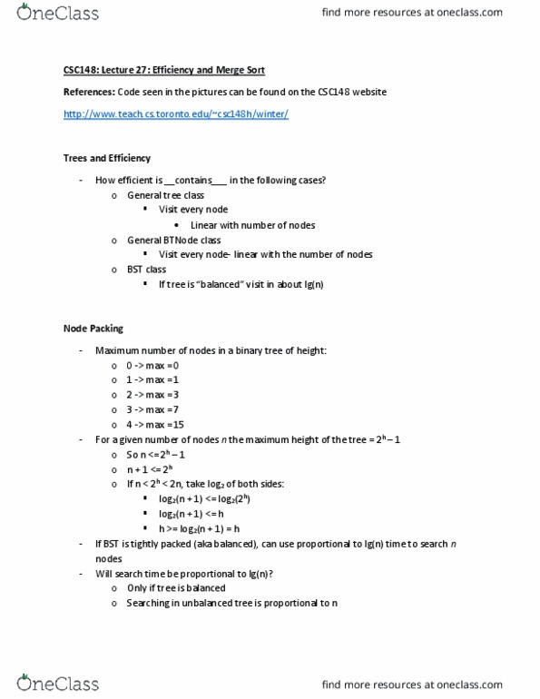 CSC148H1 Lecture Notes - Lecture 27: Insertion Sort, Merge Sort, Bubble Sort thumbnail