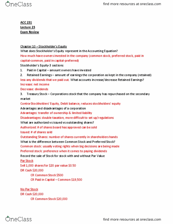 ACC 231 Lecture Notes - Lecture 23: Net Income, Treasury Stock, Cash Flow thumbnail