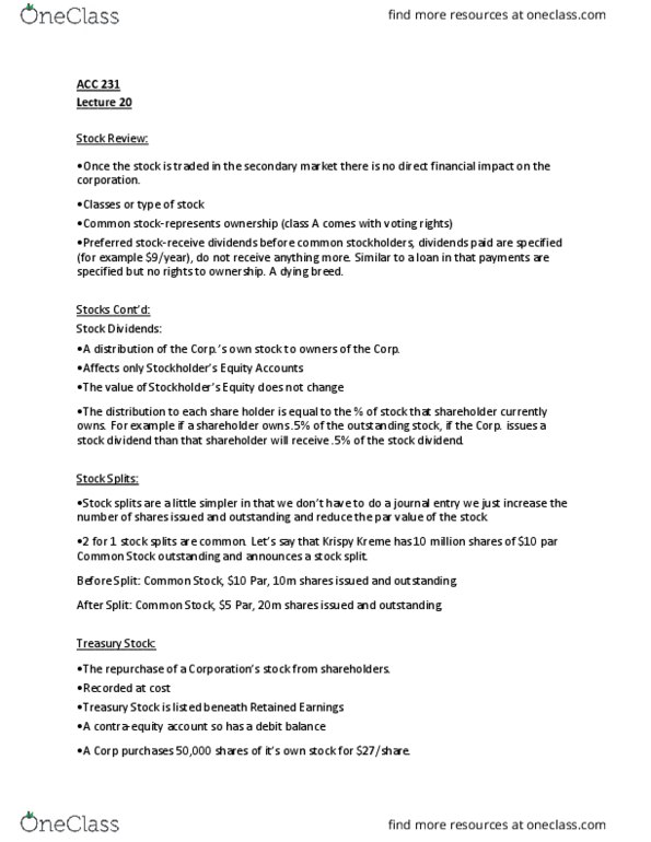 ACC 231 Lecture Notes - Lecture 20: Stock Split, Dividend, Retained Earnings thumbnail