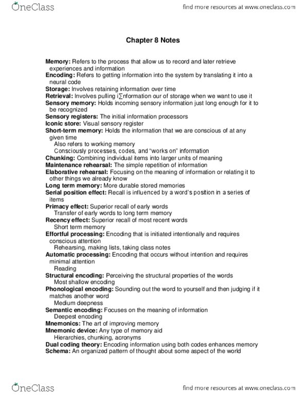 Psychology 1000 Chapter Notes - Chapter 8: Short-Term Memory, Memory Consolidation, Retrograde Amnesia thumbnail