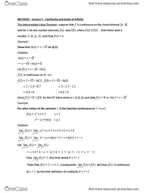 MATH241 Lecture Notes - Lecture 7: Intermediate Value Theorem, Asymptote, Polynomial thumbnail