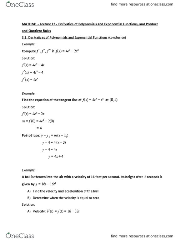 MATH241 Lecture Notes - Lecture 13: Quotient Rule, Power Rule, Product Rule thumbnail