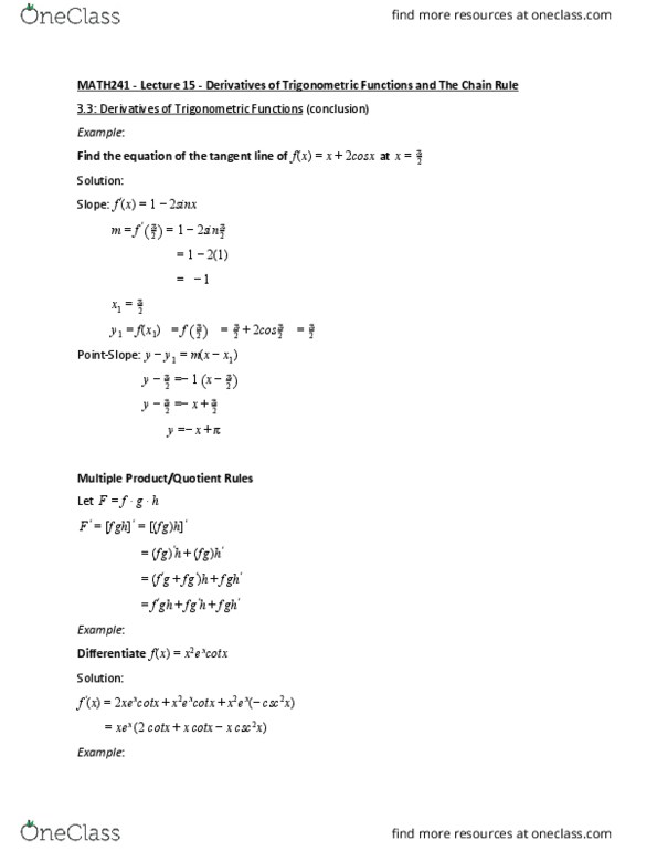 MATH241 Lecture Notes - Lecture 15: Quotient Rule, Product Rule thumbnail