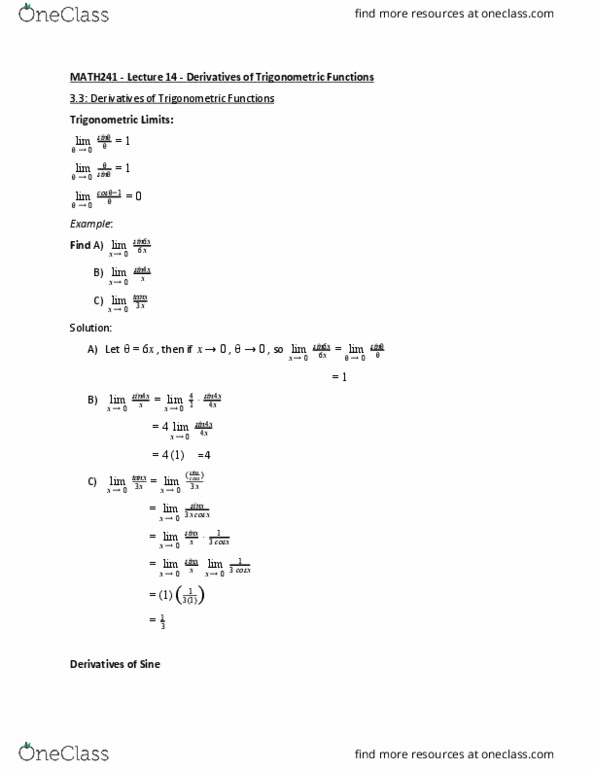 MATH241 Lecture Notes - Lecture 14: Product Rule, Quotient Rule, Trigonometric Functions thumbnail