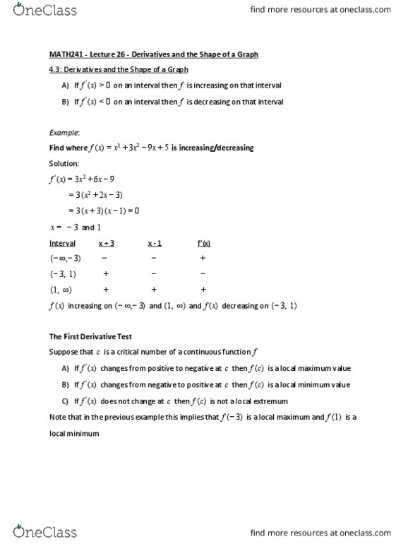 MATH241 Lecture Notes - Lecture 26: Inflection Point, Maxima And Minima thumbnail