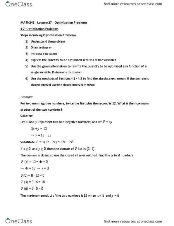 MATH241 Lecture 27: Optimization Problems thumbnail