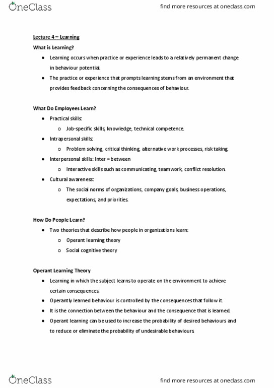 MGTS1601 Lecture Notes - Lecture 4: Observational Learning, Social Cognitive Theory, Organizational Learning thumbnail