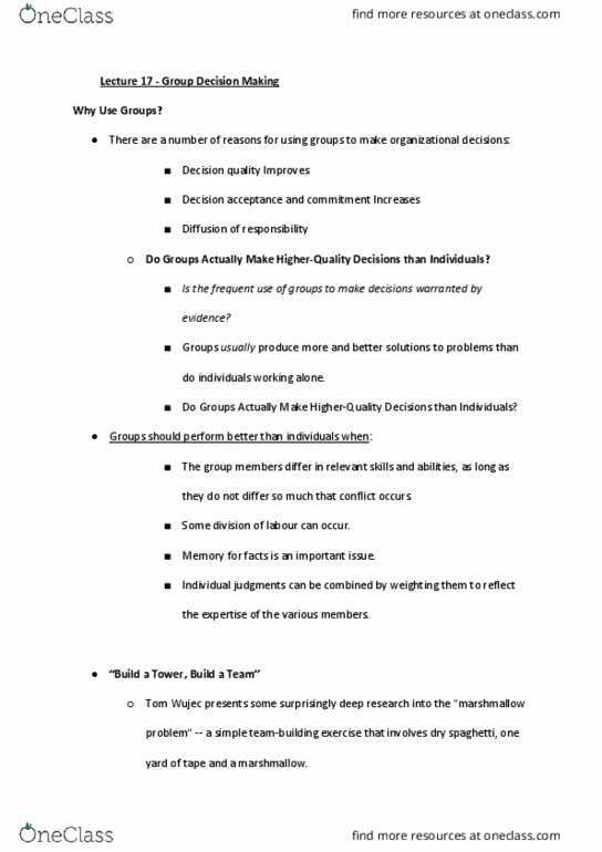 MGTS1601 Lecture Notes - Lecture 17: Social Loafing, Group Cohesiveness, Groupthink thumbnail