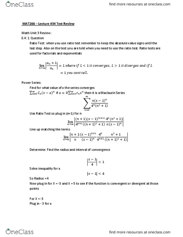 MAT 266 Lecture Notes - Lecture 34: Alternating Series, Ratio Test, Taylor Series thumbnail