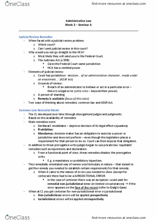 LAWS2201 Lecture Notes - Lecture 5: Ultra Vires, Statutory Interpretation, Certiorari thumbnail