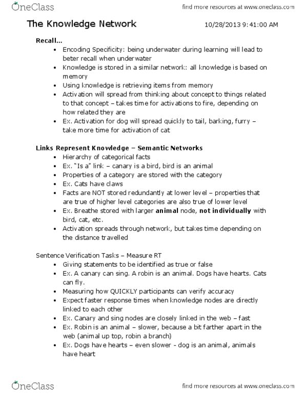 PSYCH 2H03 Lecture Notes - Connectionism, Semantic Network, Knowledge Network thumbnail