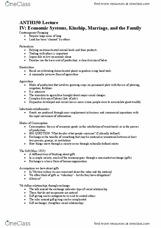 ANTH150 Lecture Notes - Lecture 4: List Of Domesticated Animals, Nuclear Family, Barter thumbnail