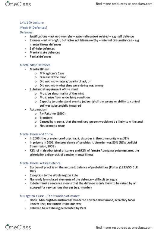 LAW109 Lecture Notes - Lecture 9: Personality Disorder, Learned Helplessness, Mental Health Act 2007 thumbnail