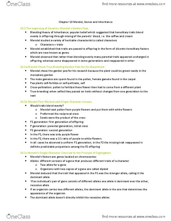 BIOA01H3 Chapter Notes - Chapter 10: Gynoecium, Reciprocal Cross, Mendelian Inheritance thumbnail